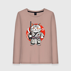 Лонгслив хлопковый женский Ниндзя кот с саблей красное солнце, цвет: пыльно-розовый