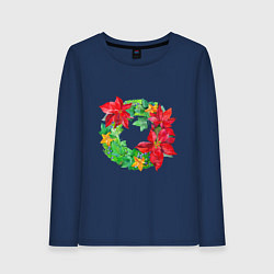 Лонгслив хлопковый женский Новогодний венок из плюща и пуансеттии, цвет: тёмно-синий