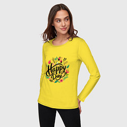 Лонгслив хлопковый женский Happy day с цветами, цвет: желтый — фото 2