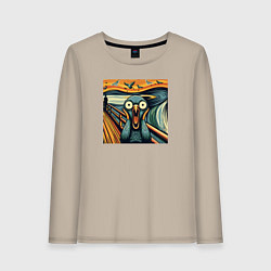 Лонгслив хлопковый женский Голубь пародия на крик Мунка, цвет: миндальный