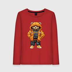Лонгслив хлопковый женский Медведь в тёплой куртке, цвет: красный