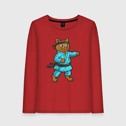 Лонгслив хлопковый женский Кот каратист, цвет: красный