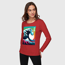Лонгслив хлопковый женский Japanese wave - ai art, цвет: красный — фото 2