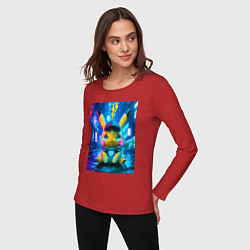 Лонгслив хлопковый женский Funny neon Pikachu под энергетическим барьером - a, цвет: красный — фото 2