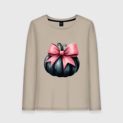 Лонгслив хлопковый женский Черная тыква с розовым бантом - Хэллоуин, цвет: миндальный