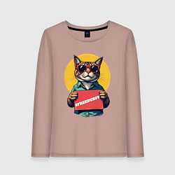 Лонгслив хлопковый женский Сat with a poster, цвет: пыльно-розовый