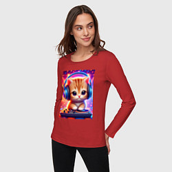 Лонгслив хлопковый женский Cutie kitten DJ - neon glow, цвет: красный — фото 2