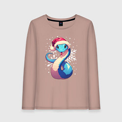 Лонгслив хлопковый женский Синяя змея с снежинками, цвет: пыльно-розовый