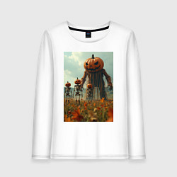 Лонгслив хлопковый женский Монстры тыквы в поле, цвет: белый