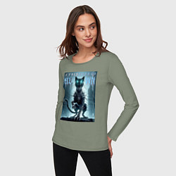 Лонгслив хлопковый женский Cyber black cat - halloween horror fantasy, цвет: авокадо — фото 2