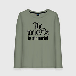 Лонгслив хлопковый женский Мяуфия бессмертна - девиз, цвет: авокадо