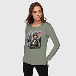 Лонгслив хлопковый женский Cool military girl - graffiti, цвет: авокадо — фото 2