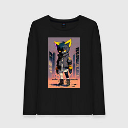 Лонгслив хлопковый женский Уличный котёнок хулиган - нейроарт, цвет: черный