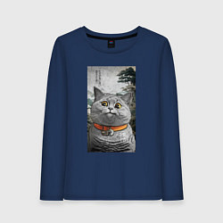 Лонгслив хлопковый женский Мемный кот в японском стиле, цвет: тёмно-синий