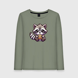 Лонгслив хлопковый женский Милый енотик с печенькой, цвет: авокадо