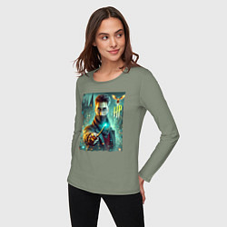 Лонгслив хлопковый женский Harry Potter with a magic wand - ai art fantasy, цвет: авокадо — фото 2