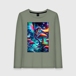 Лонгслив хлопковый женский Сказочный дракон на планете неоновых грибов, цвет: авокадо
