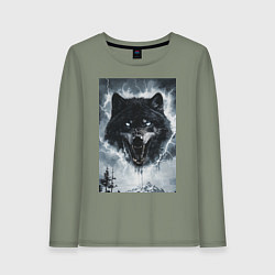 Лонгслив хлопковый женский Волк с оскаленной пастью, цвет: авокадо
