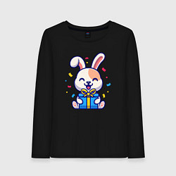Лонгслив хлопковый женский Радостный зайчик с подарком, цвет: черный