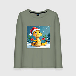 Лонгслив хлопковый женский Символ 2025 нового года змея в шаке Санты, цвет: авокадо