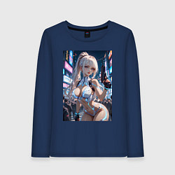 Лонгслив хлопковый женский Девушка с пистолетом с киберимплантами, цвет: тёмно-синий