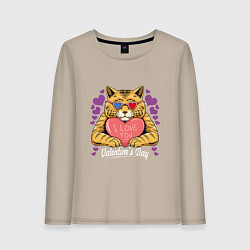 Лонгслив хлопковый женский Влюбленный котик, цвет: миндальный