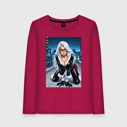 Лонгслив хлопковый женский Черная кошка на крыше небоскреба, цвет: маджента