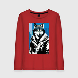 Лонгслив хлопковый женский Волк в мегаполисе - нейроарт, цвет: красный