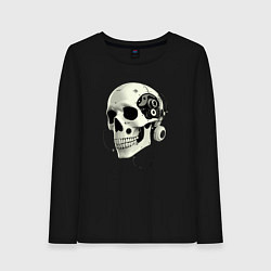 Лонгслив хлопковый женский Кибернетический череп с проводами, цвет: черный