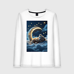 Лонгслив хлопковый женский Плюшевый мишка сидит на Луне, цвет: белый