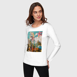 Лонгслив хлопковый женский Абстрактная графическая картина с пальмами, цвет: белый — фото 2