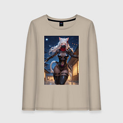 Лонгслив хлопковый женский Кошка-ниндзя с ножами бежит в ночи, цвет: миндальный