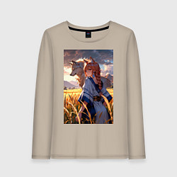 Лонгслив хлопковый женский Девушка-волчица посреди поля пшеницы, цвет: миндальный