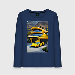 Лонгслив хлопковый женский Желтый суперкар у дома, цвет: тёмно-синий