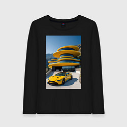 Лонгслив хлопковый женский Желтый суперкар у дома, цвет: черный
