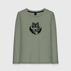 Лонгслив хлопковый женский Голова волка над лесом, цвет: авокадо