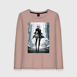 Лонгслив хлопковый женский Девушка-андроид с катанами посреди руин, цвет: пыльно-розовый