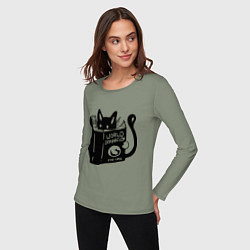 Лонгслив хлопковый женский Кот с книгой, цвет: авокадо — фото 2