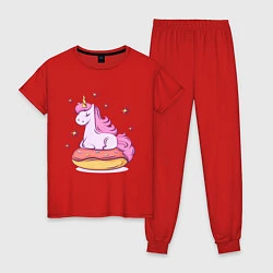 Пижама хлопковая женская Единорог на пончике, цвет: красный