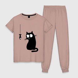 Пижама хлопковая женская Кот и рыба, цвет: пыльно-розовый