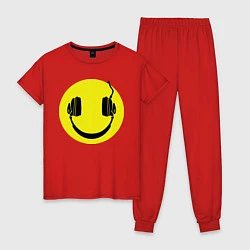 Пижама хлопковая женская Смайлик-наушники, цвет: красный