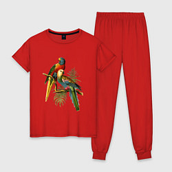 Пижама хлопковая женская Тропические попугаи, цвет: красный