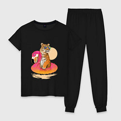 Пижама хлопковая женская Тигр на фламинго, цвет: черный