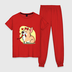 Пижама хлопковая женская Влюбленная собачка, цвет: красный