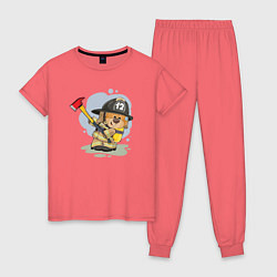 Пижама хлопковая женская Медвежонок-пожарник, цвет: коралловый