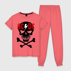 Пижама хлопковая женская AC/DC Skull, цвет: коралловый