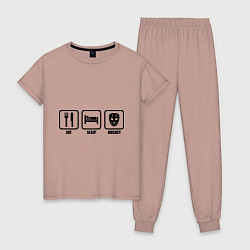 Пижама хлопковая женская Eat Sleep Hockey, цвет: пыльно-розовый