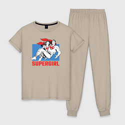 Пижама хлопковая женская Superman & Supergirl цвета миндальный — фото 1