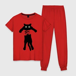 Пижама хлопковая женская Черный кот в руках, цвет: красный