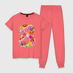 Пижама хлопковая женская 8 марта из цветов цвета коралловый — фото 1